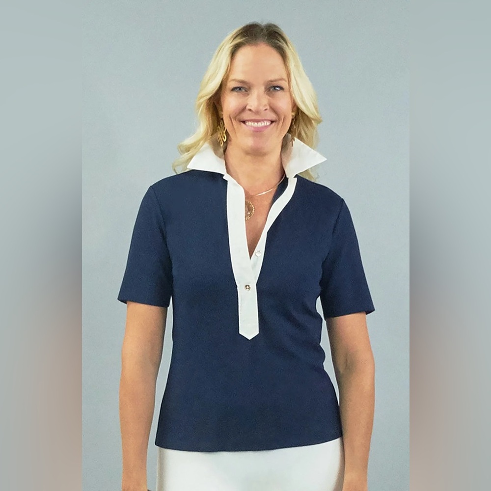 Chic Navy Blouse with White Trim